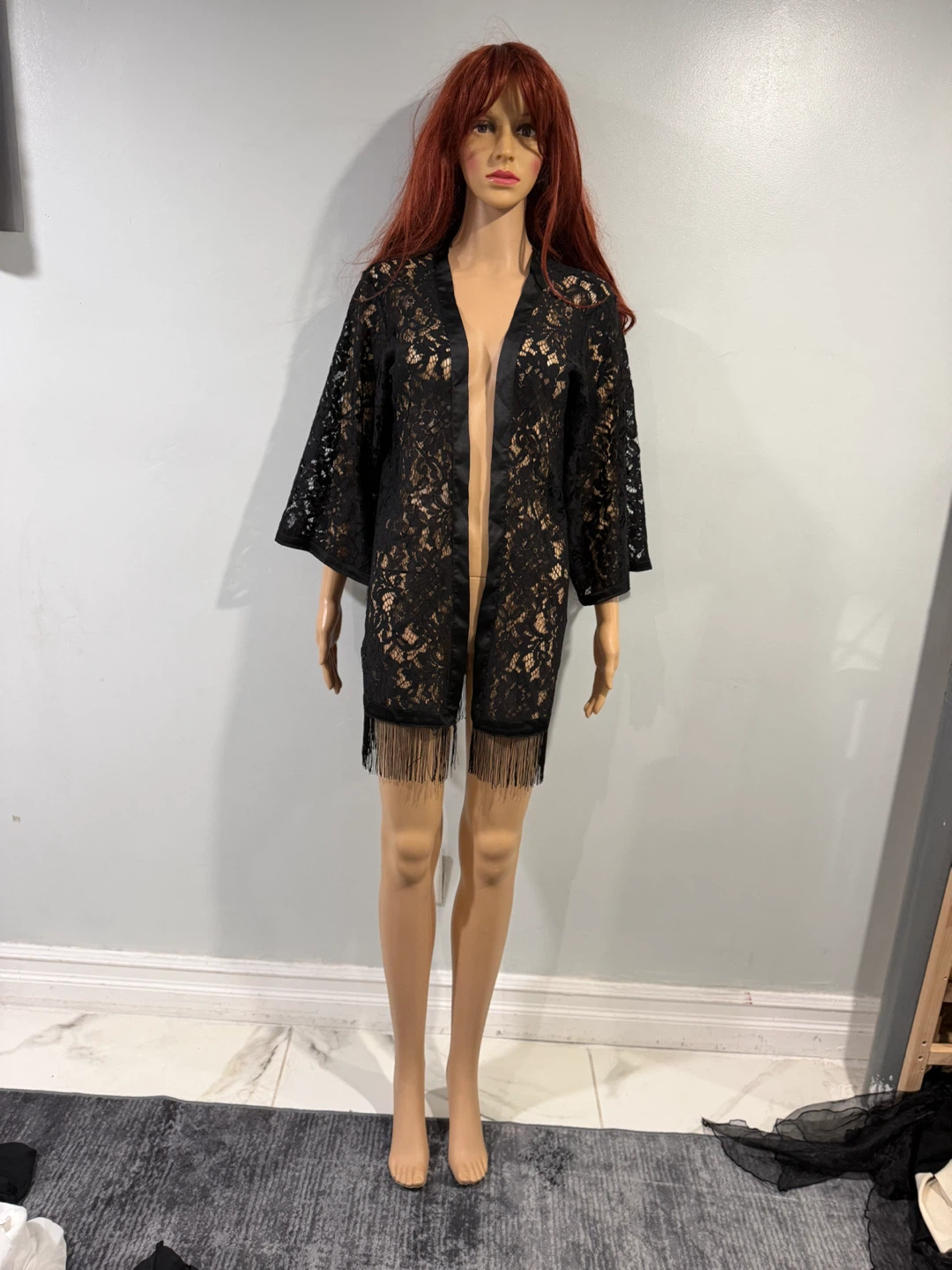 Boohoo Black Lace Kimono Robe Size UK 10
