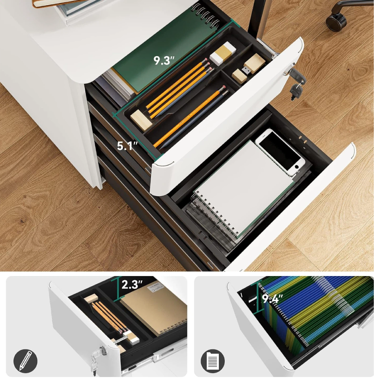 3-Drawer Metal Filing Cabinet with Keys - photo 4
