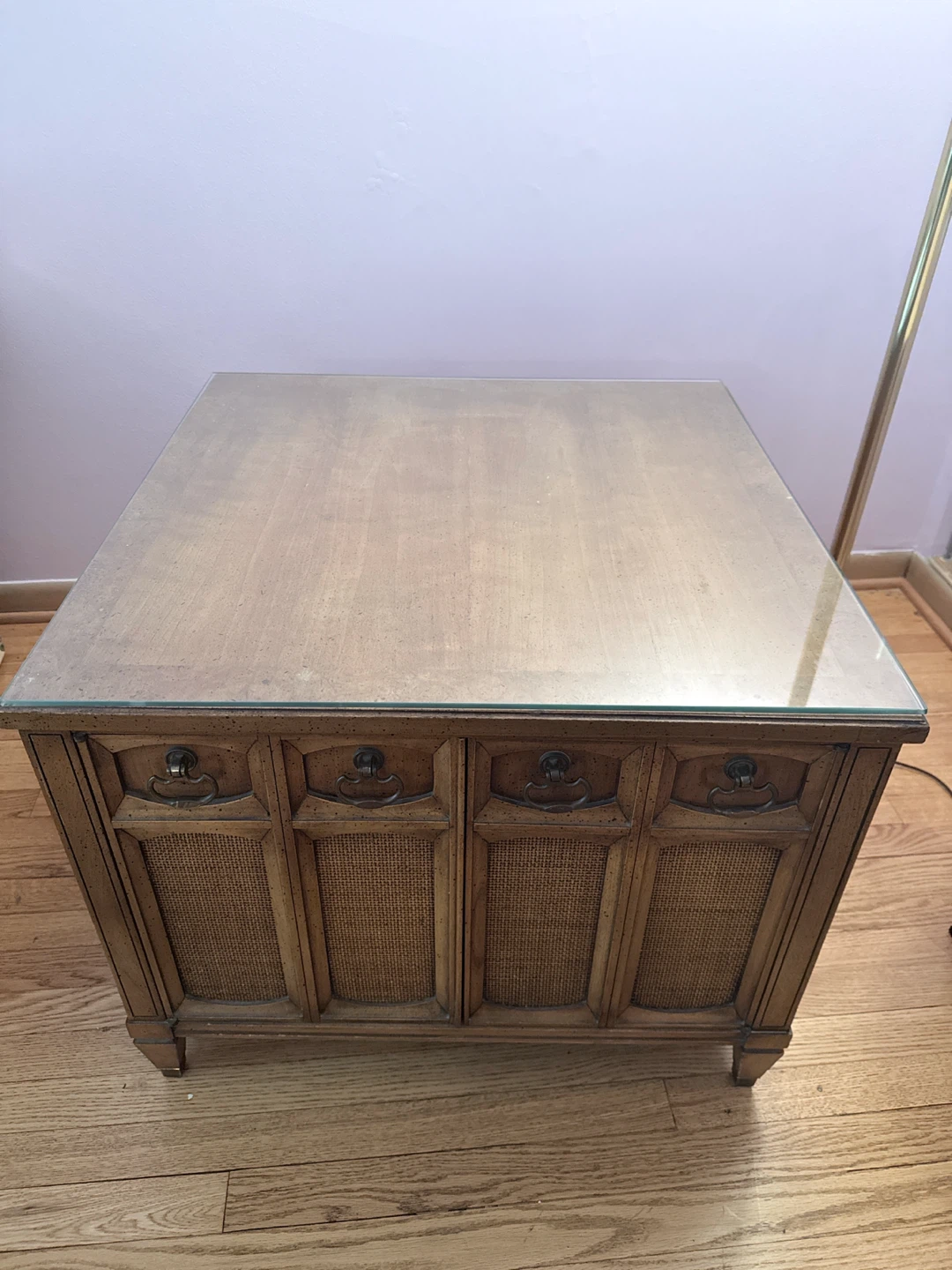 Vintage Wood and Cane End Table with Glass Top