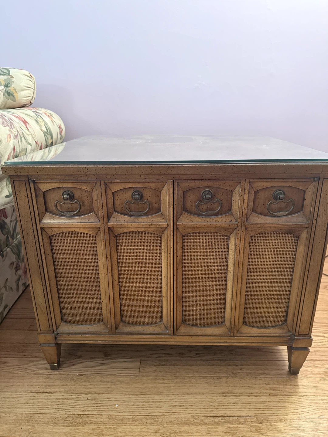 Vintage Wood and Cane End Table with Glass Top - photo 2