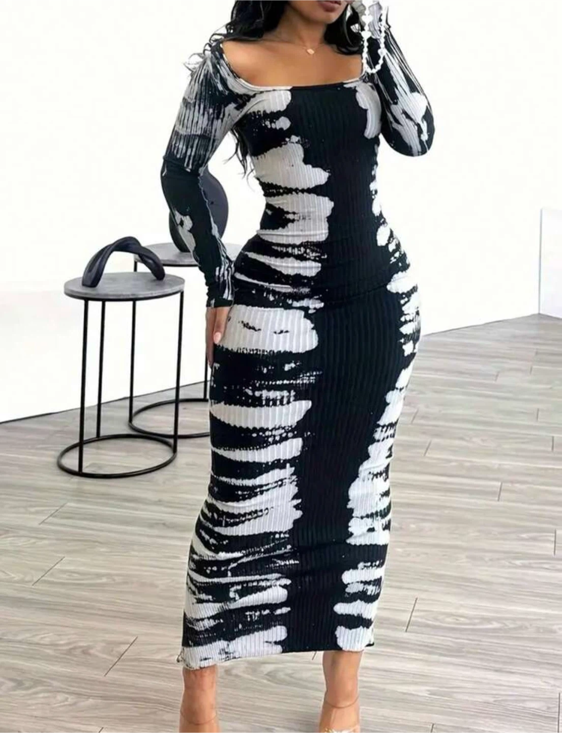Women's Tie-Dye Long Sleeve Ribbed Bodycon Maxi Dress