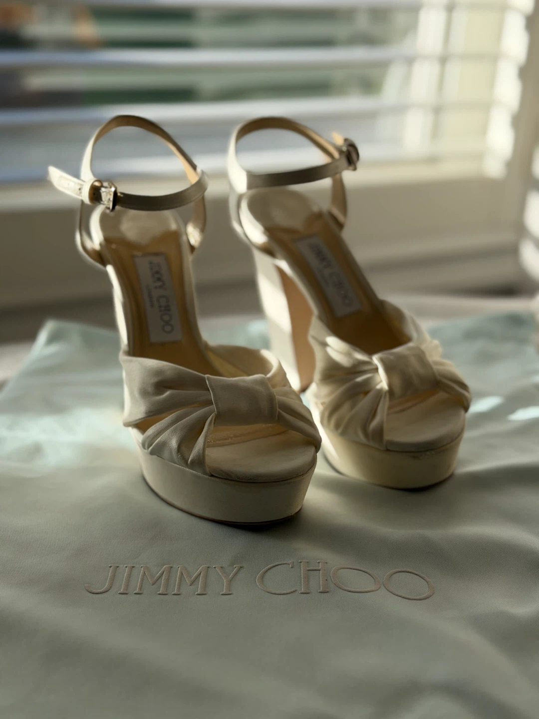 Jimmy Choo Cream Satin Platform Heels with Ankle Strap