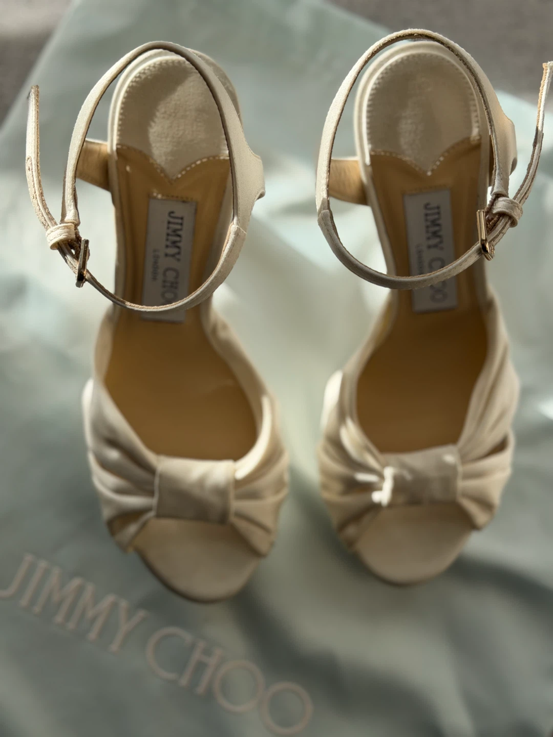 Jimmy Choo Cream Satin Platform Heels with Ankle Strap - photo 2