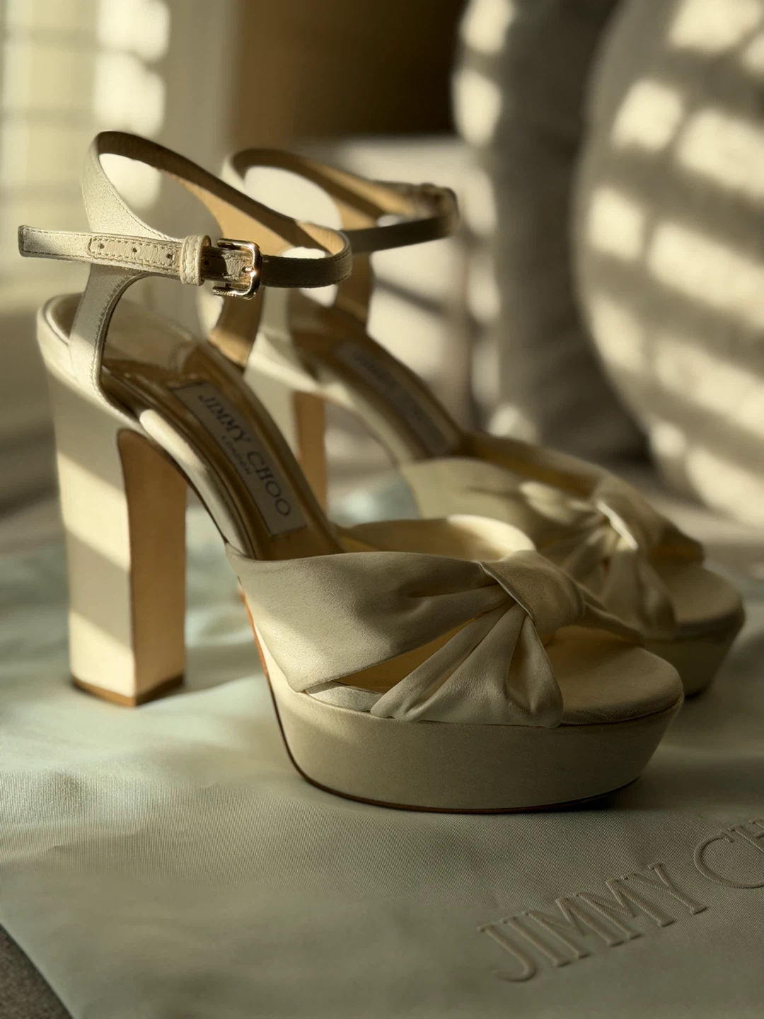 Jimmy Choo Cream Satin Platform Heels with Ankle Strap - photo 3