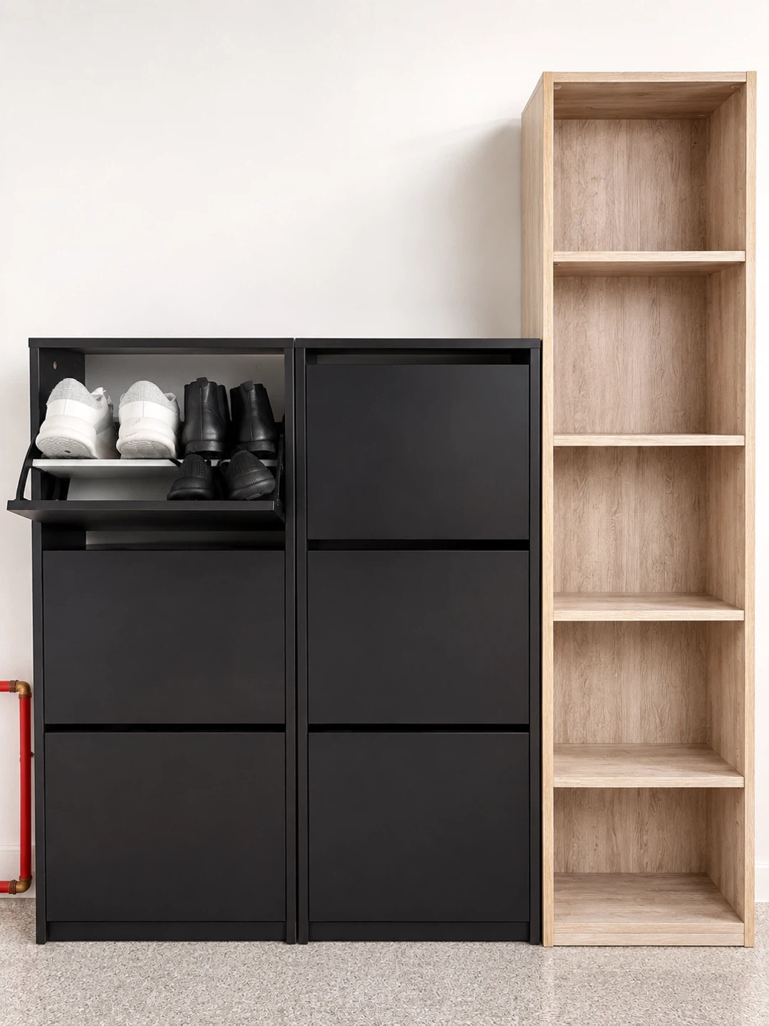 Black Shoe Cabinet and white book shelf