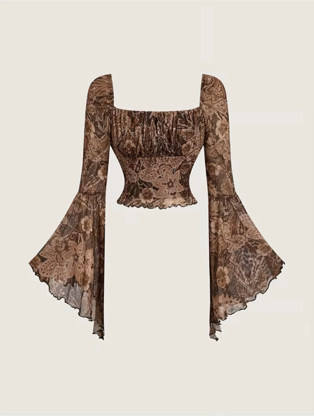 Brown Paisley Mesh Bell Sleeve Summer Top Size Small - New