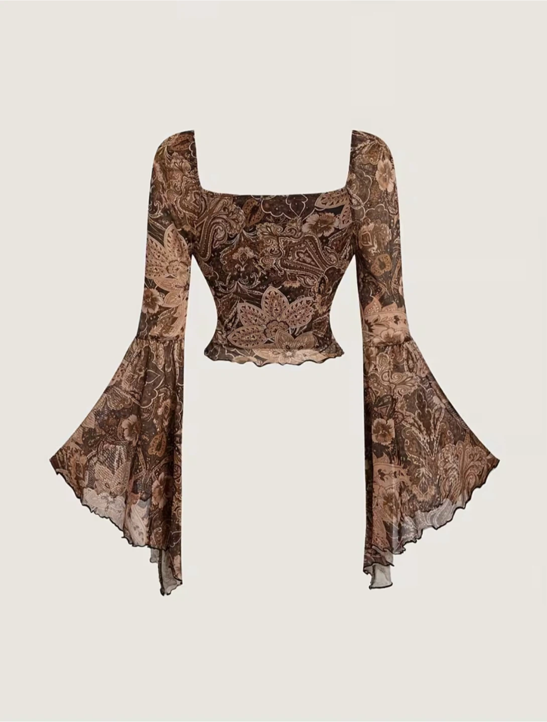 Brown Paisley Mesh Bell Sleeve Summer Top Size Small - New - photo 2