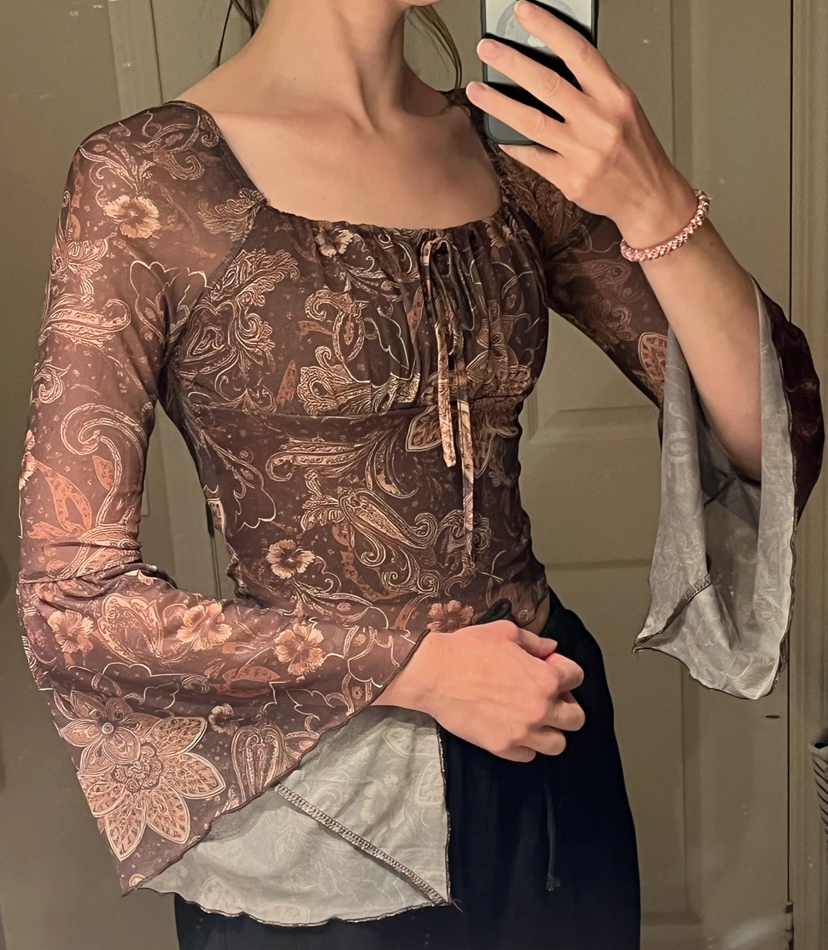 Brown Paisley Mesh Bell Sleeve Summer Top Size Small - New - photo 4