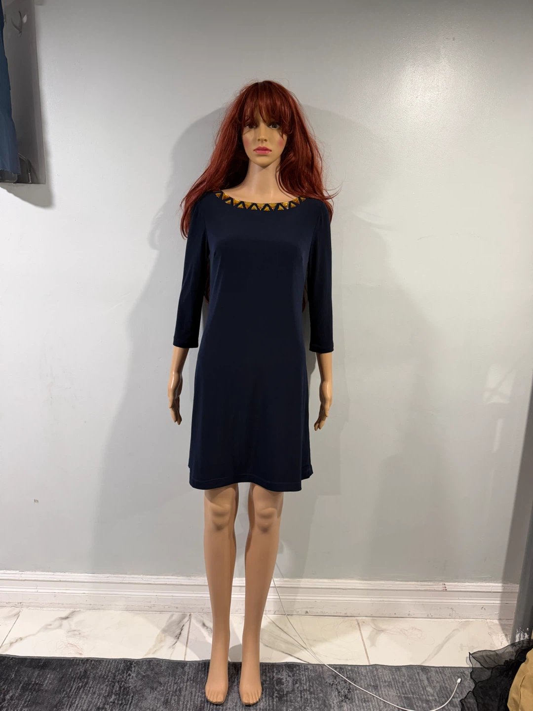 Women's Navy Dress with Embellished Neckline