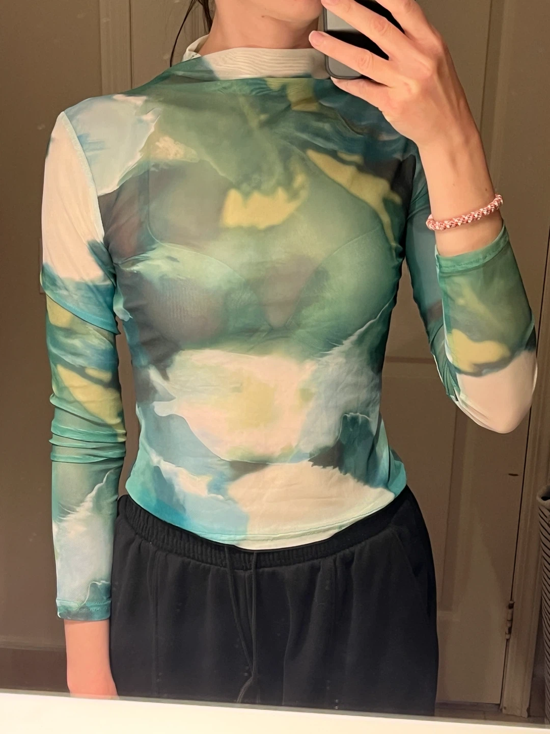 Green Tie & Dye Mesh Sheer Summer Abstract Print Top - Brand New - photo 5