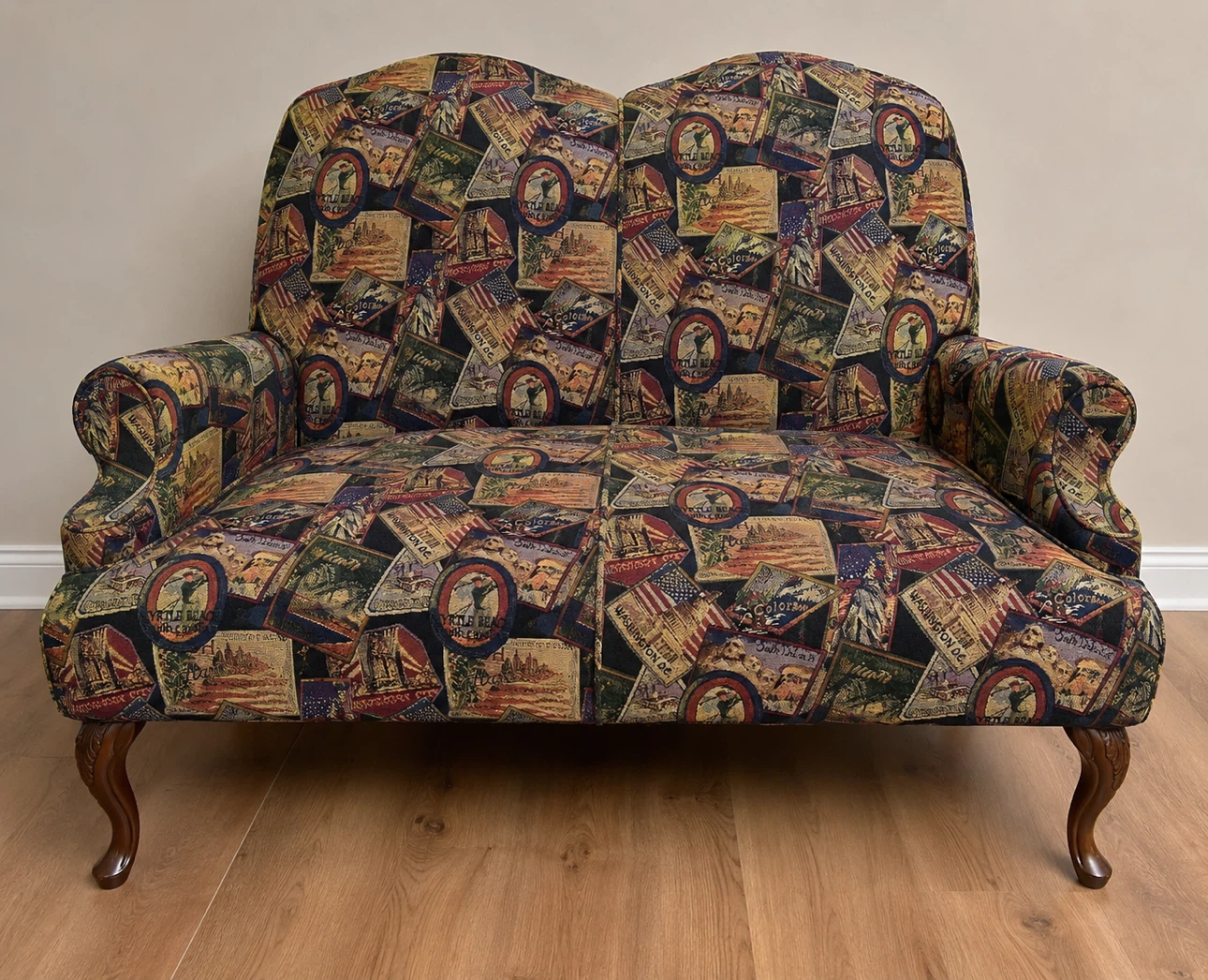 Loveseat with Vintage Travel Patchwork Upholstery