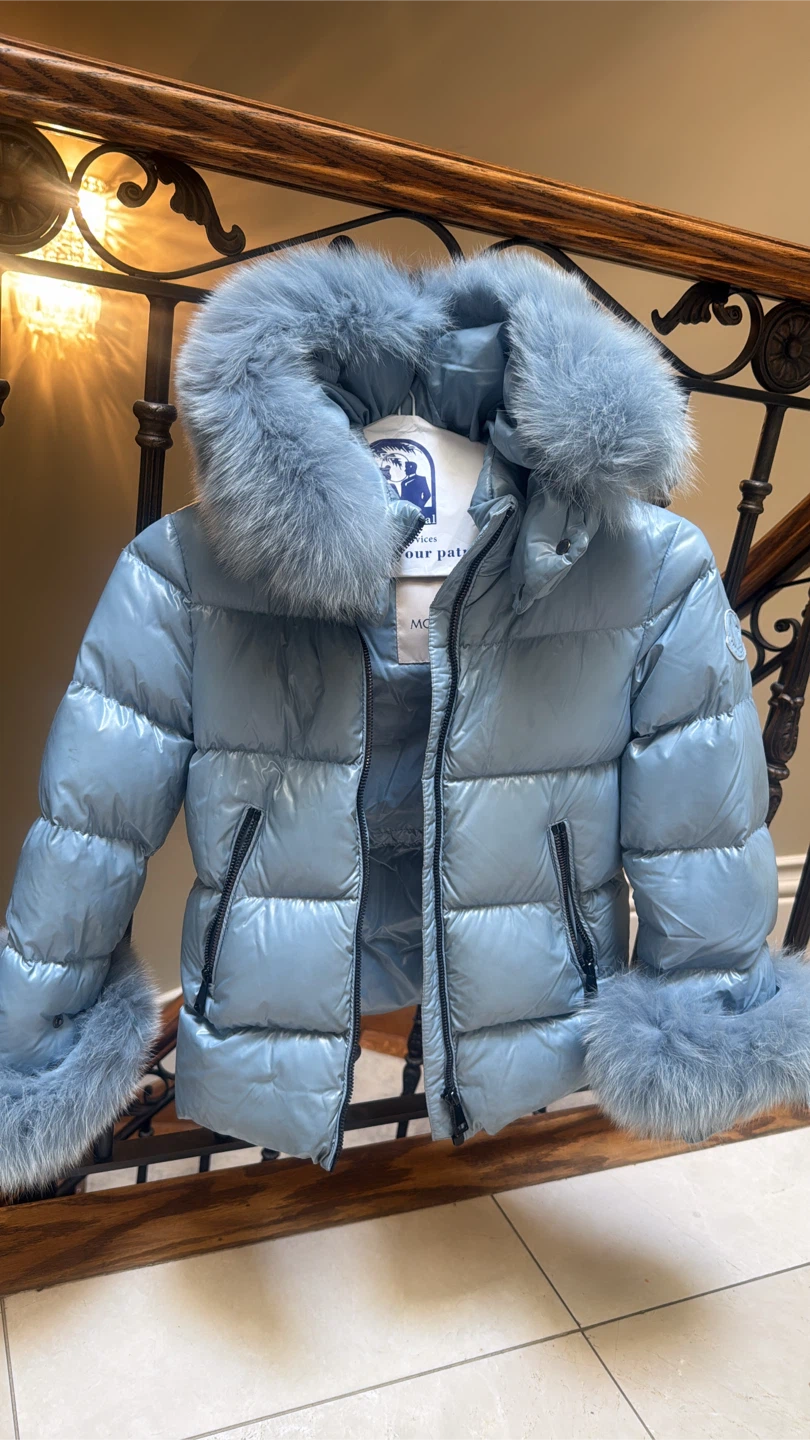 Moncler Baby Blue Down Puffer Coat with Fur Hood Size 8A