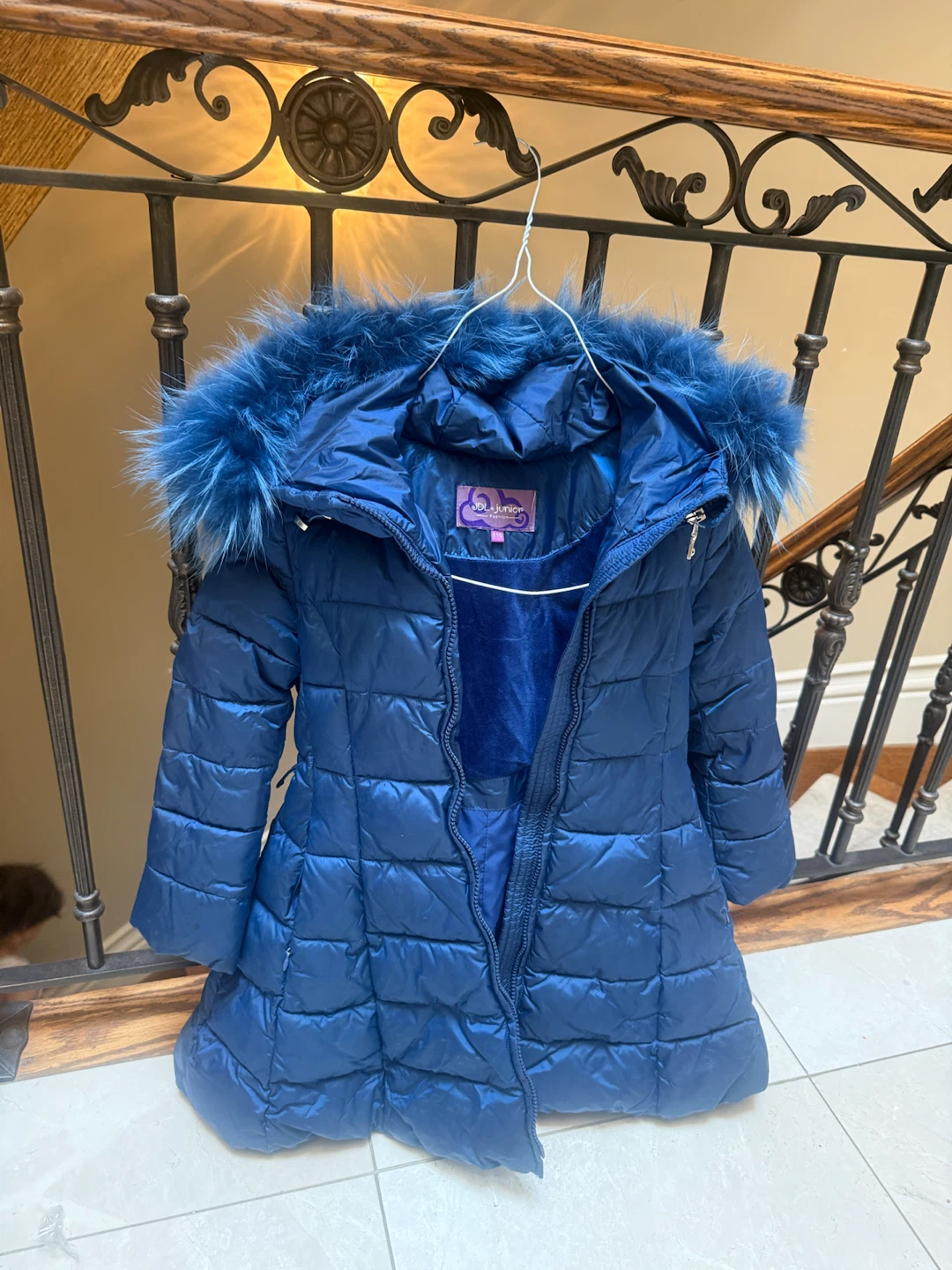 Blue Puffer Coat with Fur Hood