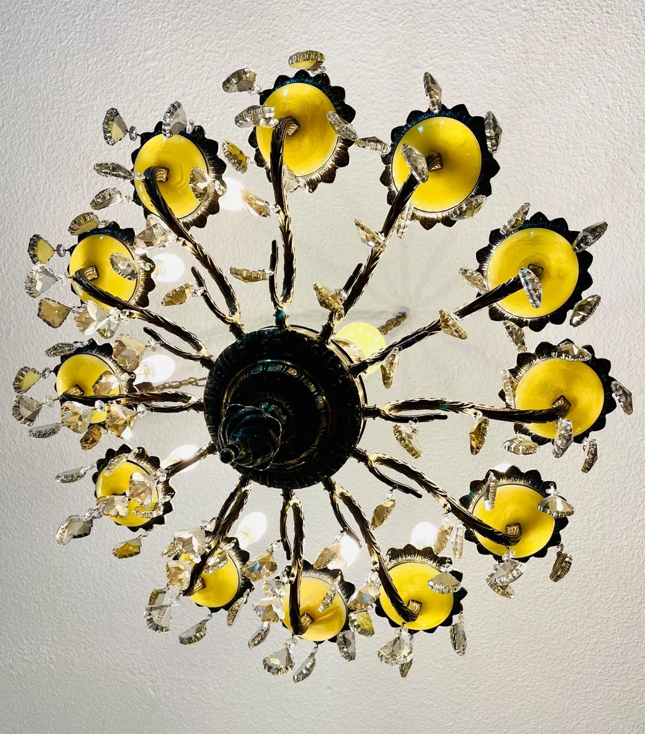 Chandelier with yellow accents and crystal drops