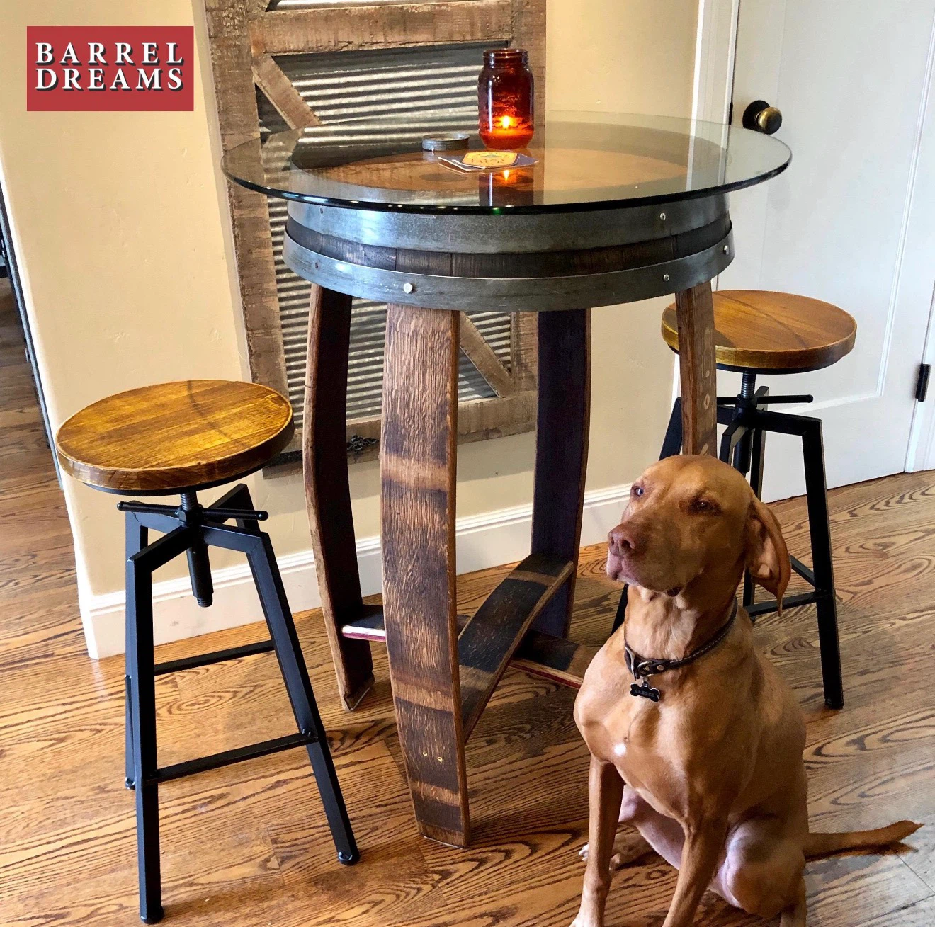 Wine Barrel Coffee Table with Glass Top and Stools - photo 3