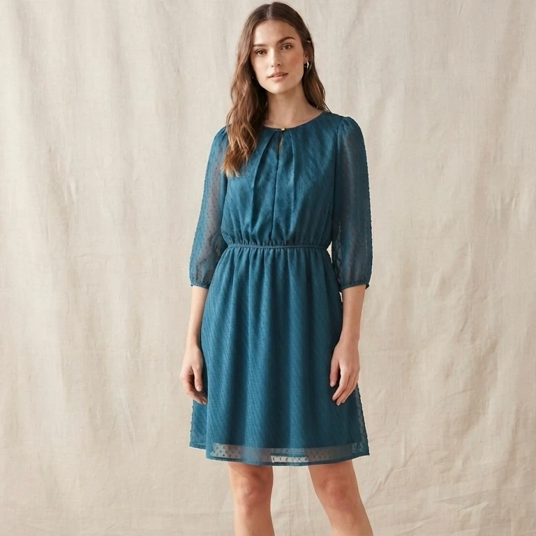 Everly Teal Textured Dress Semi Sheer Sleeves Knee Length Size L