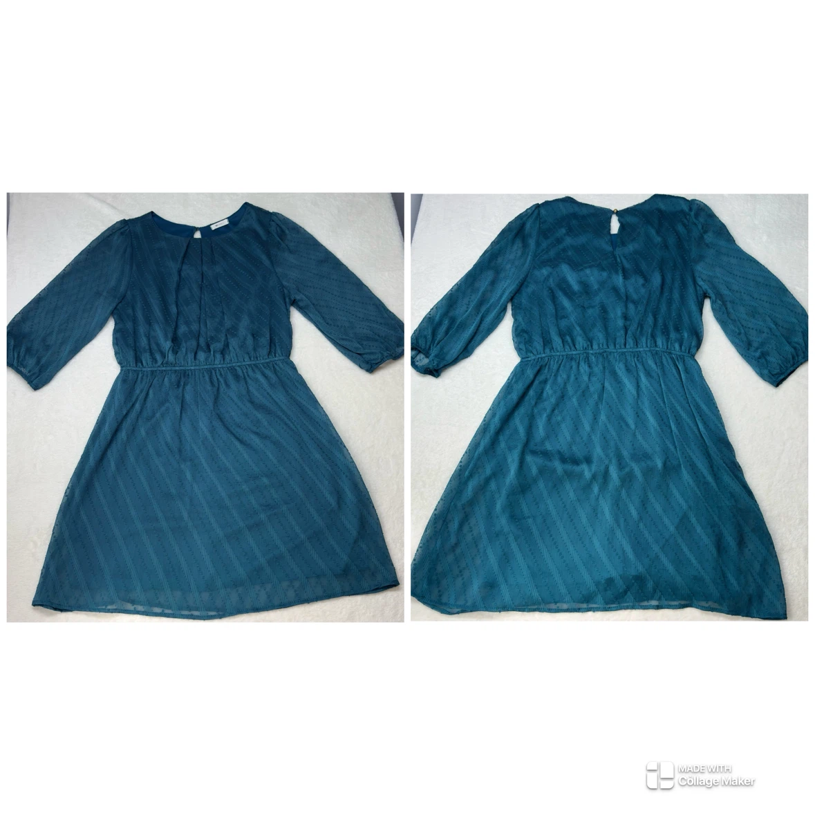 Everly Teal Textured Dress Semi Sheer Sleeves Knee Length Size L - photo 2