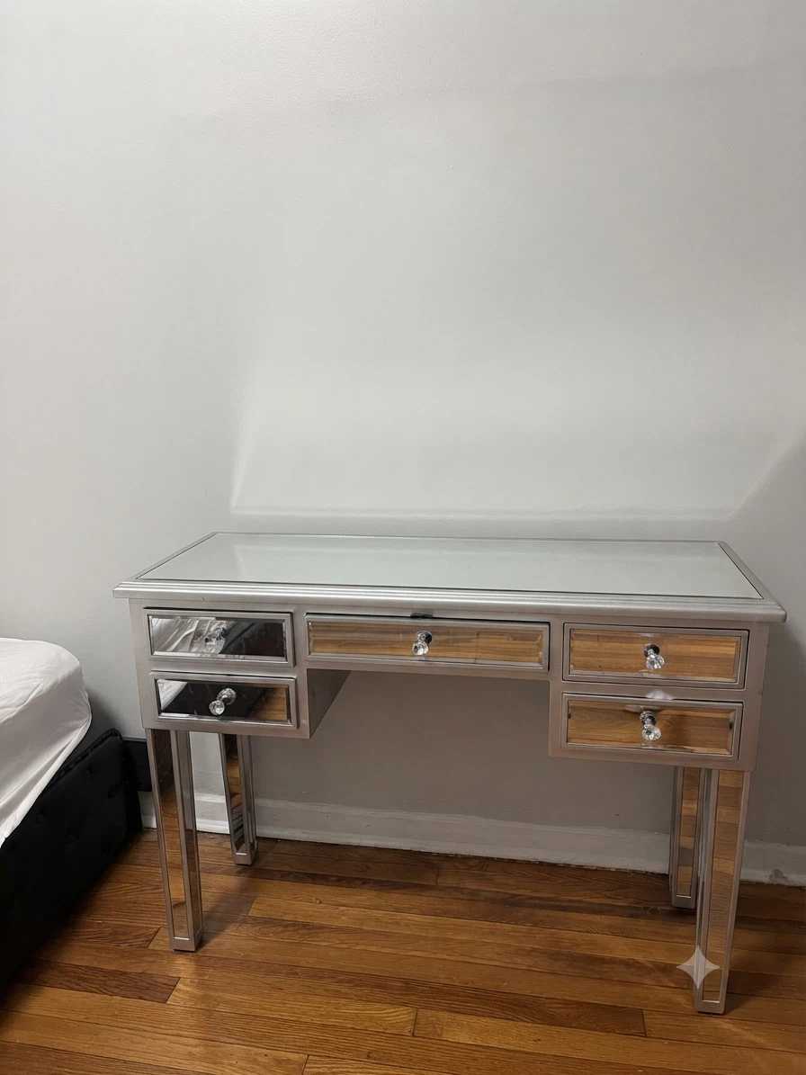 Mirrored Vanity Desk with Crystal Knobs