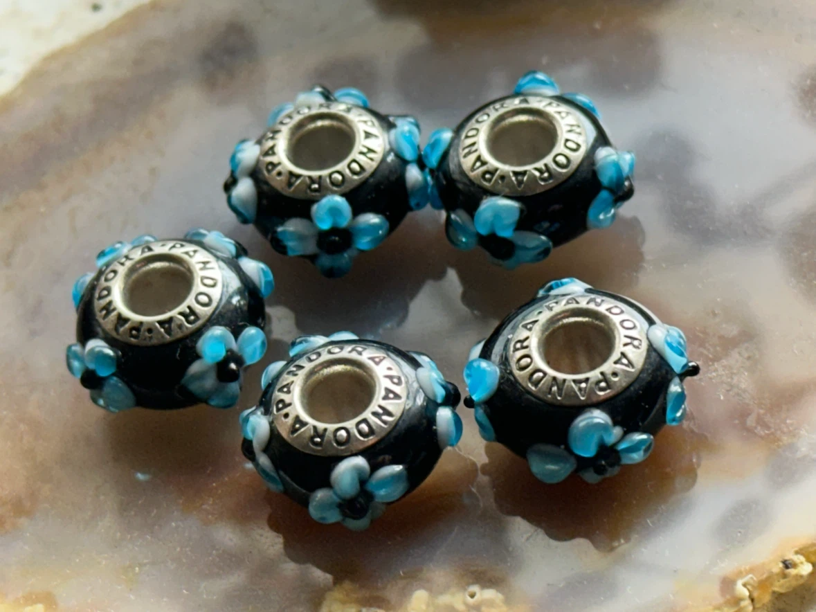 5 Genuine Retired PANDORA Blue Flower Murano Charms