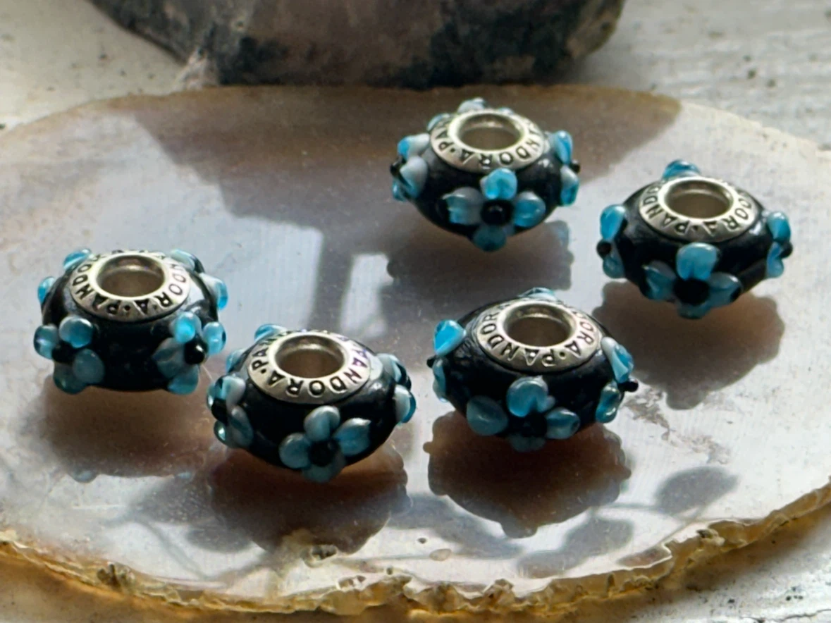 5 Genuine Retired PANDORA Blue Flower Murano Charms - photo 2