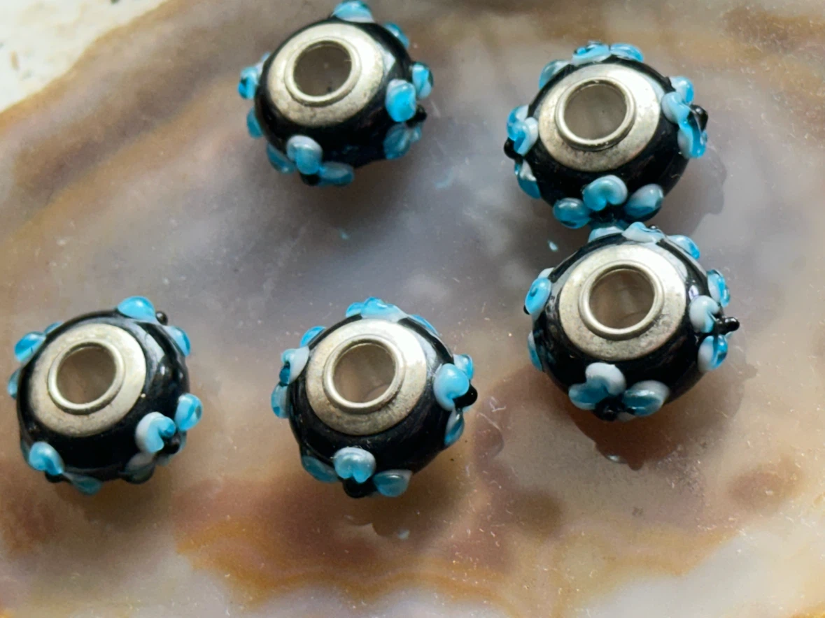 5 Genuine Retired PANDORA Blue Flower Murano Charms - photo 3