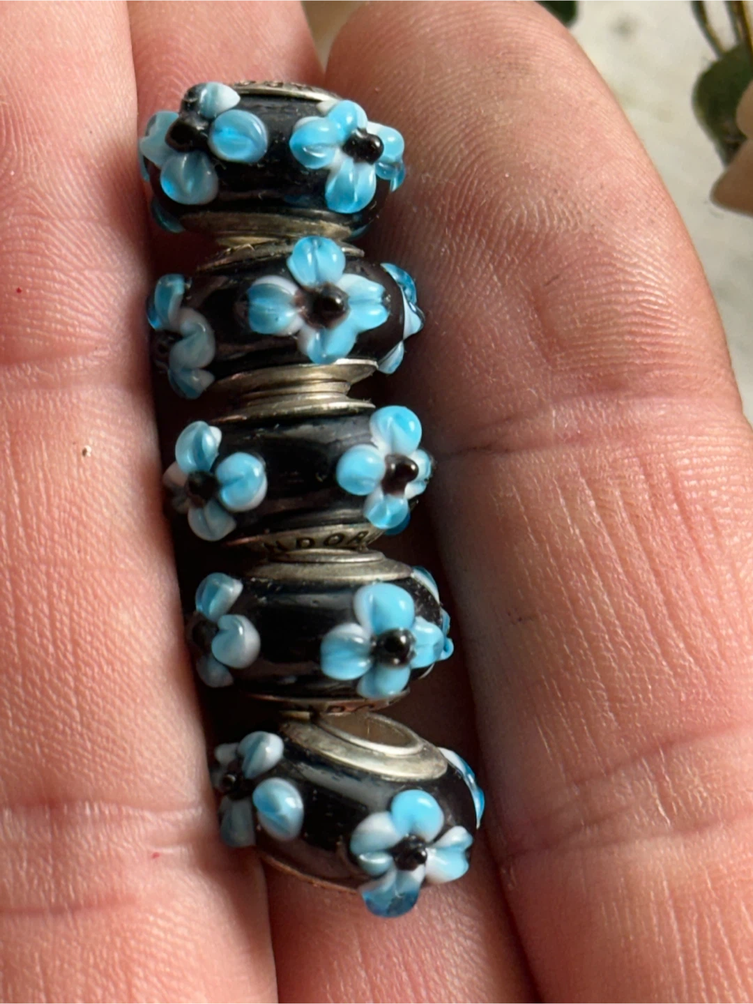 5 Genuine Retired PANDORA Blue Flower Murano Charms - photo 4