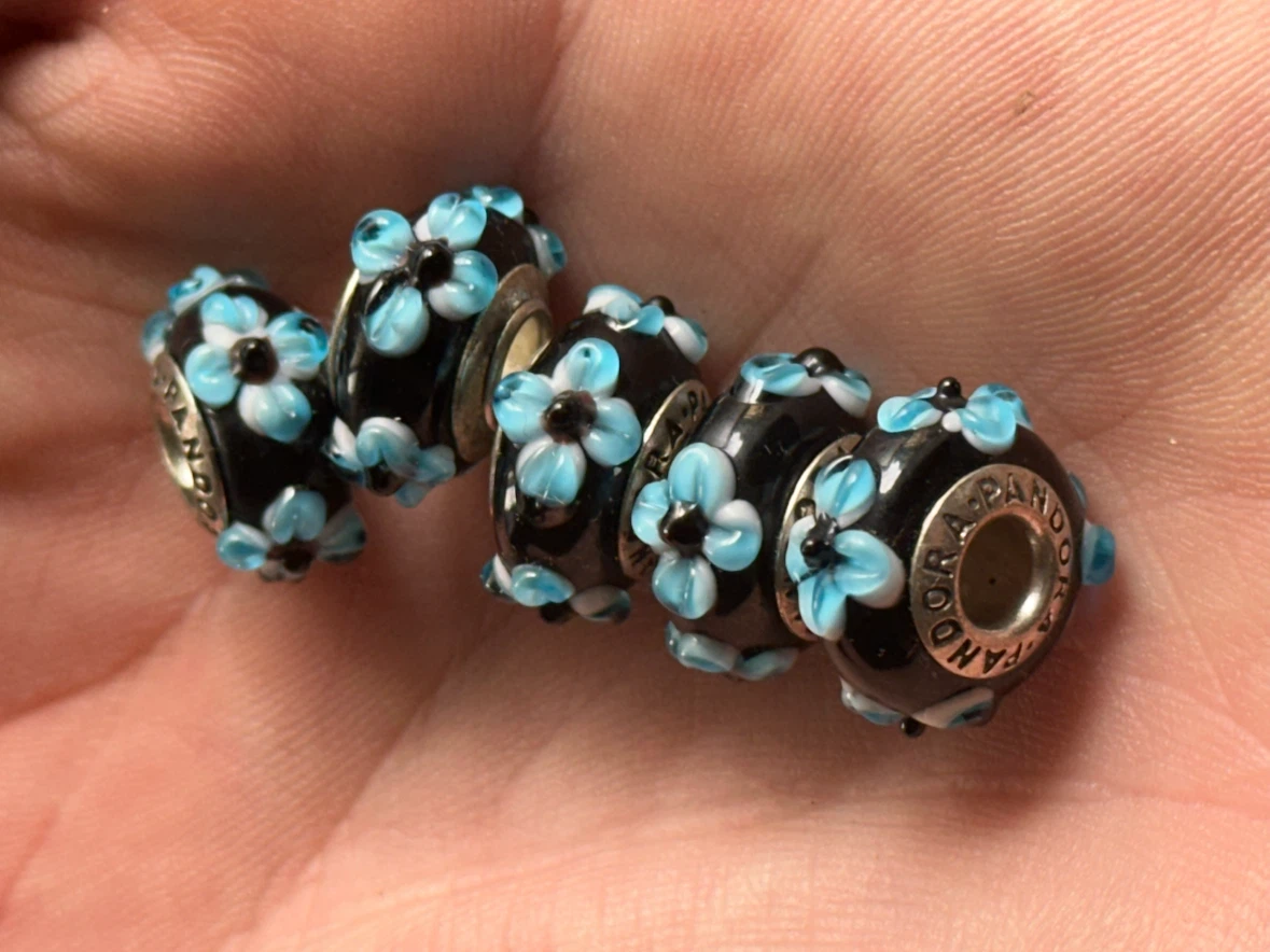 5 Genuine Retired PANDORA Blue Flower Murano Charms - photo 5