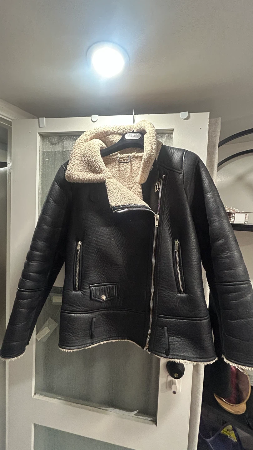 Black Faux Leather Aviator Jacket with Sherpa Lining