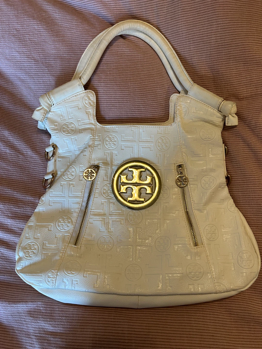 Tory Burch White Embossed Leather Hobo Handbag