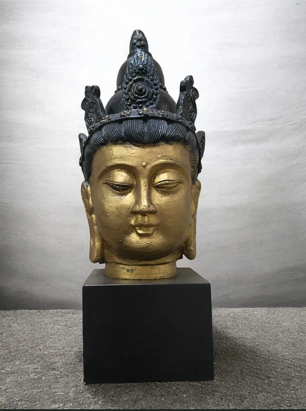 Mounted Iron/Wooden Gold Buddha( Guanyin)Head on Black Pedestal