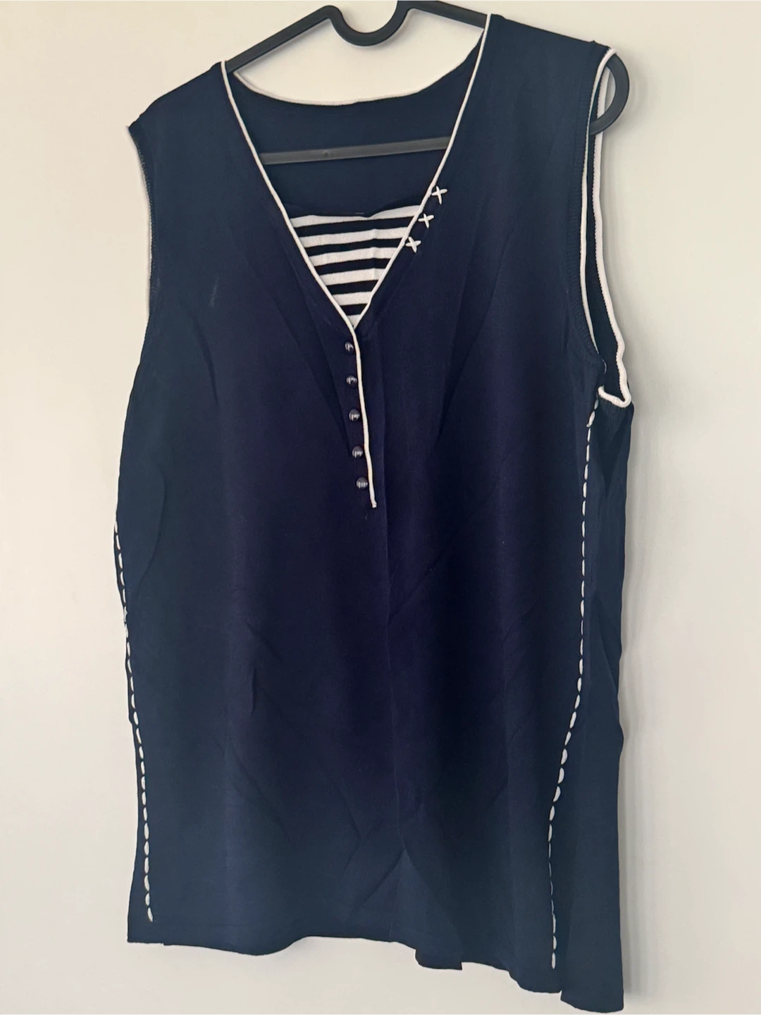 Navy Blue Sleeveless Top with White Stitching