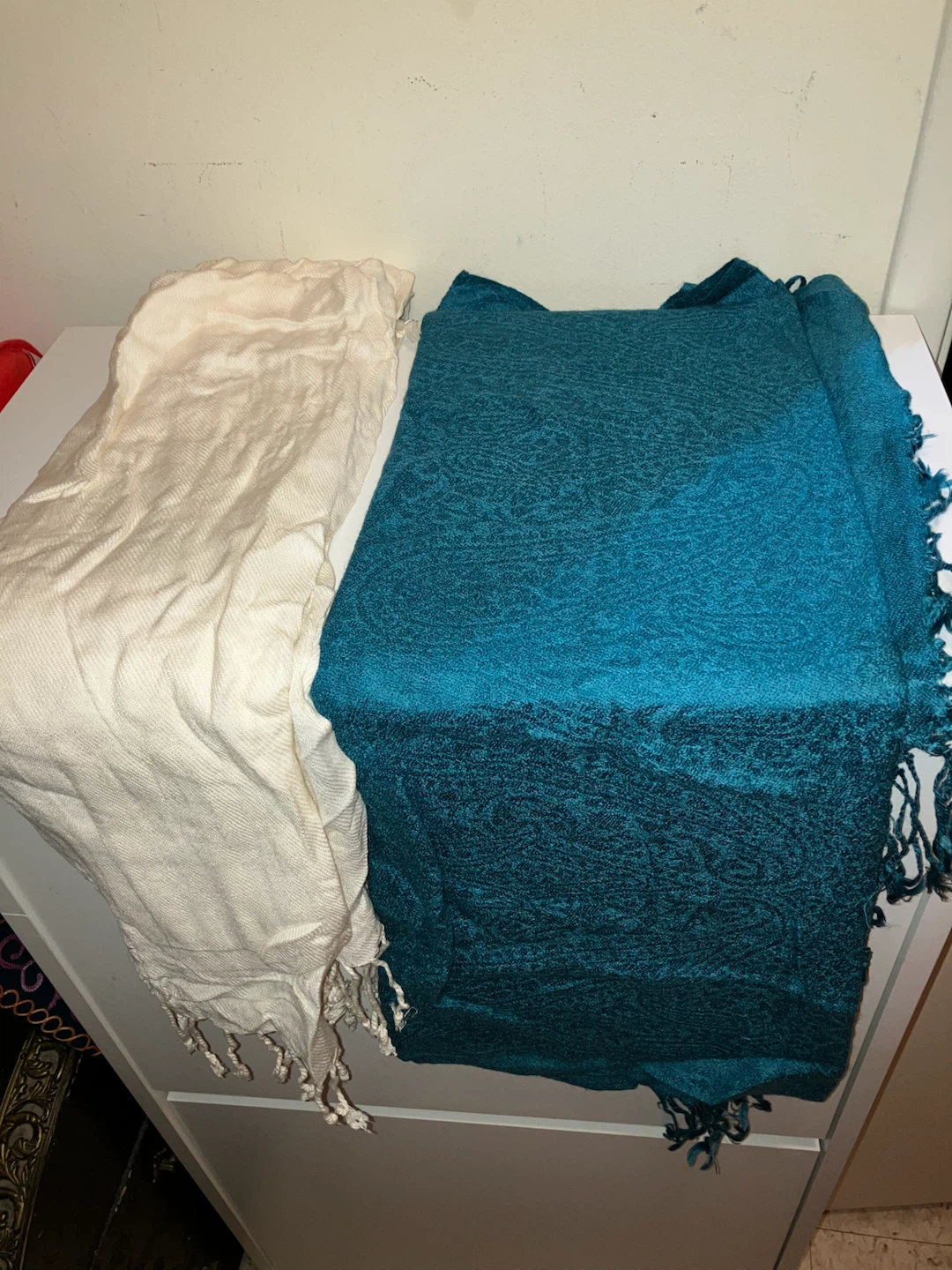 Teal and White Scarves with Fringed Ends