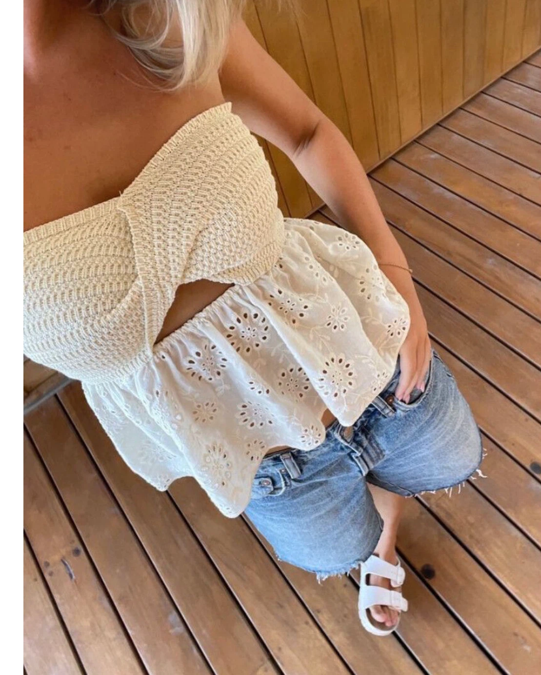 Zara Cream Eyelet Cutout Smocked Tube Top