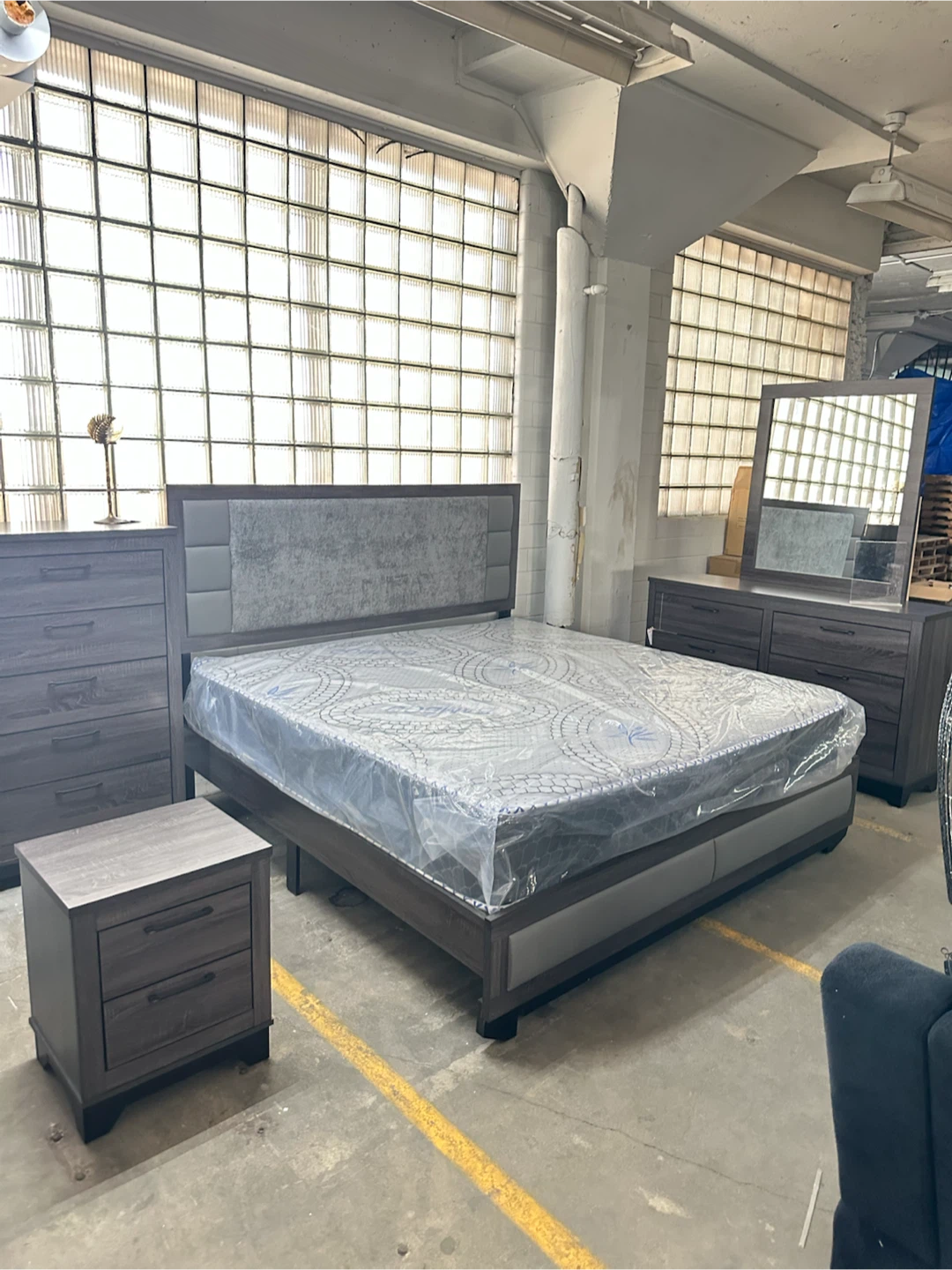 Grey Upholstered Platform Bed Frame with Mattress