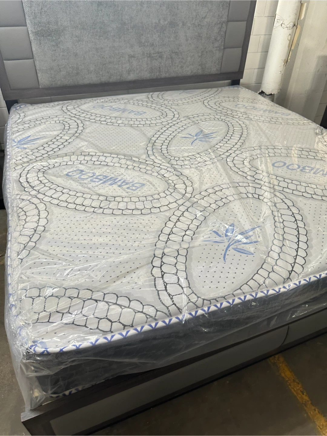 Grey Upholstered Platform Bed Frame with Mattress - photo 3