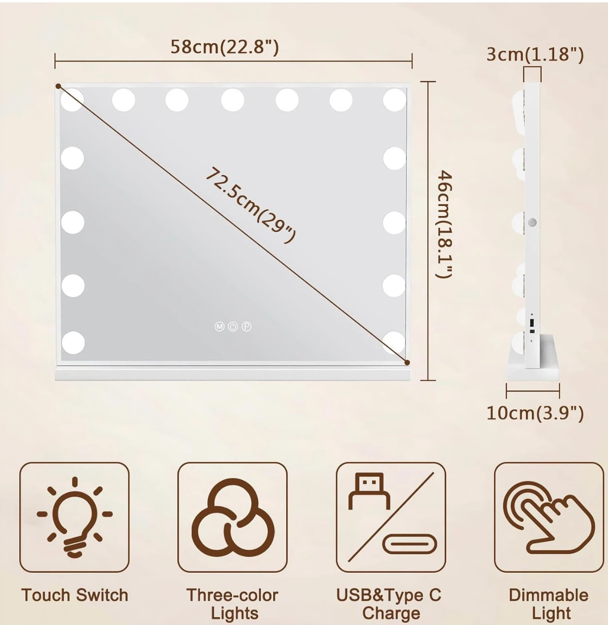 Makeup Mirror with 15 Dimmable LED  , Metal Frame Design, White - photo 3