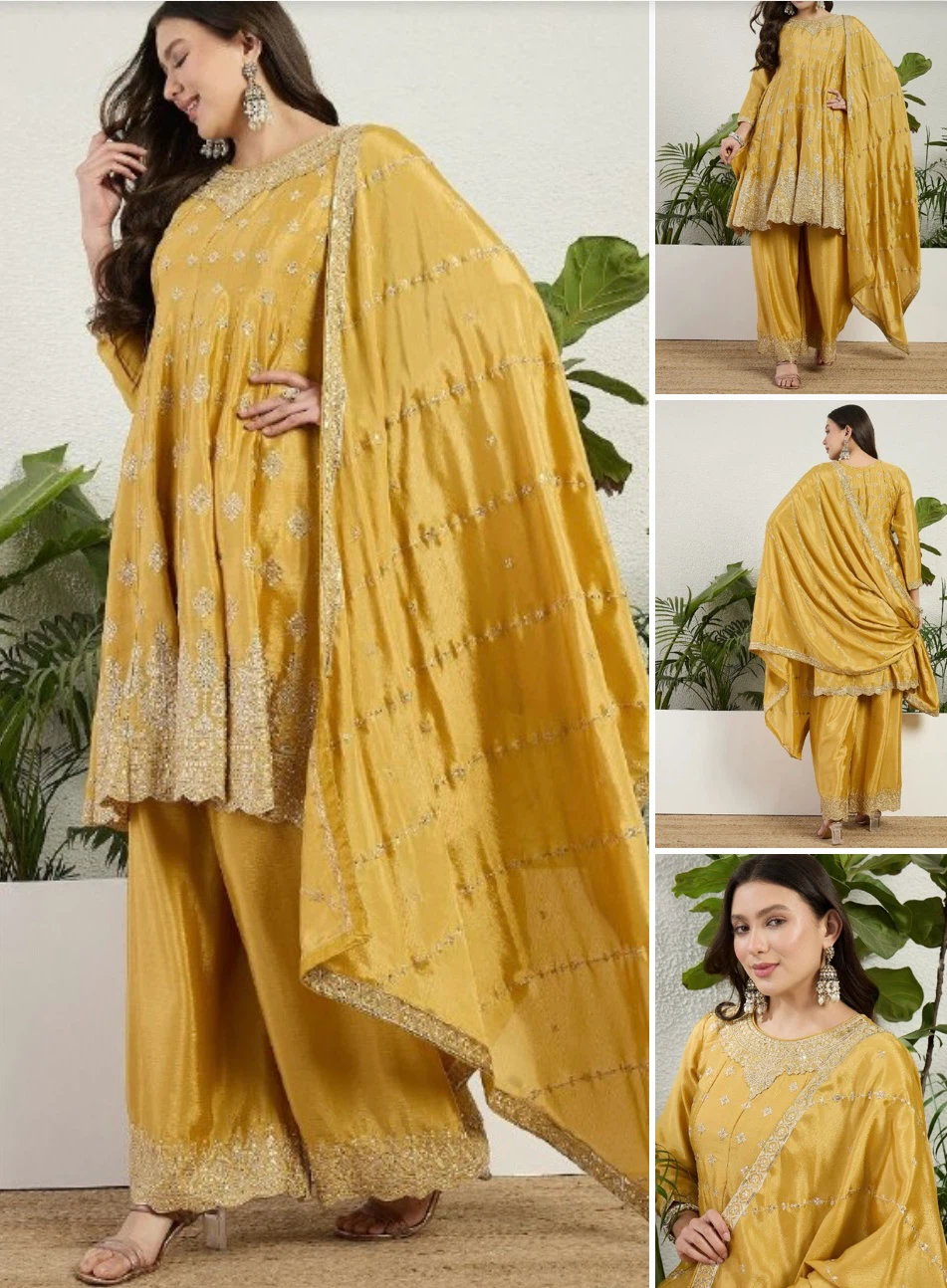 Yellow Embellished Kurti Palazzo Set with Dupatta