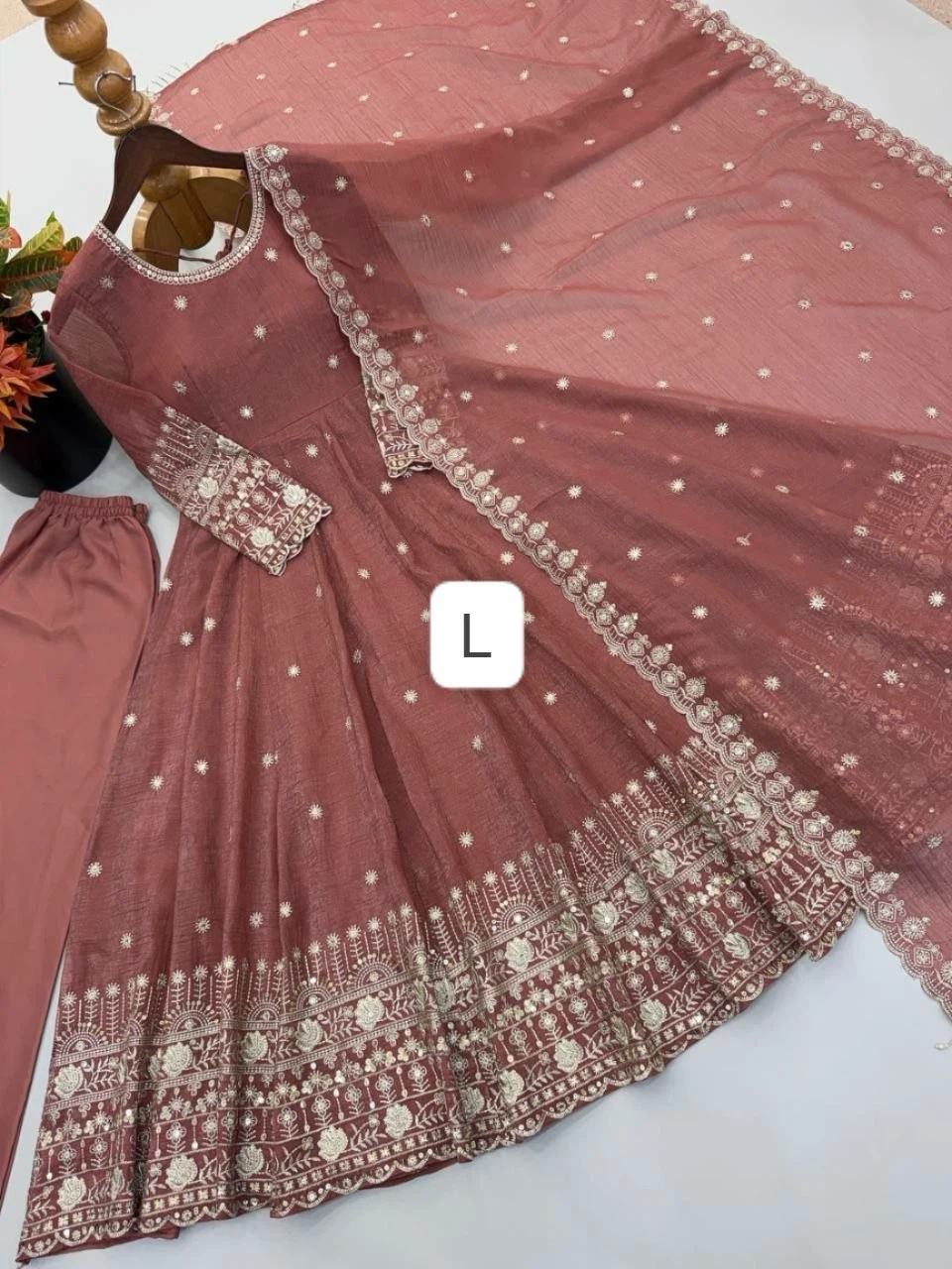 Women's Embroidered Anarkali Suit with Dupatta - Size L
