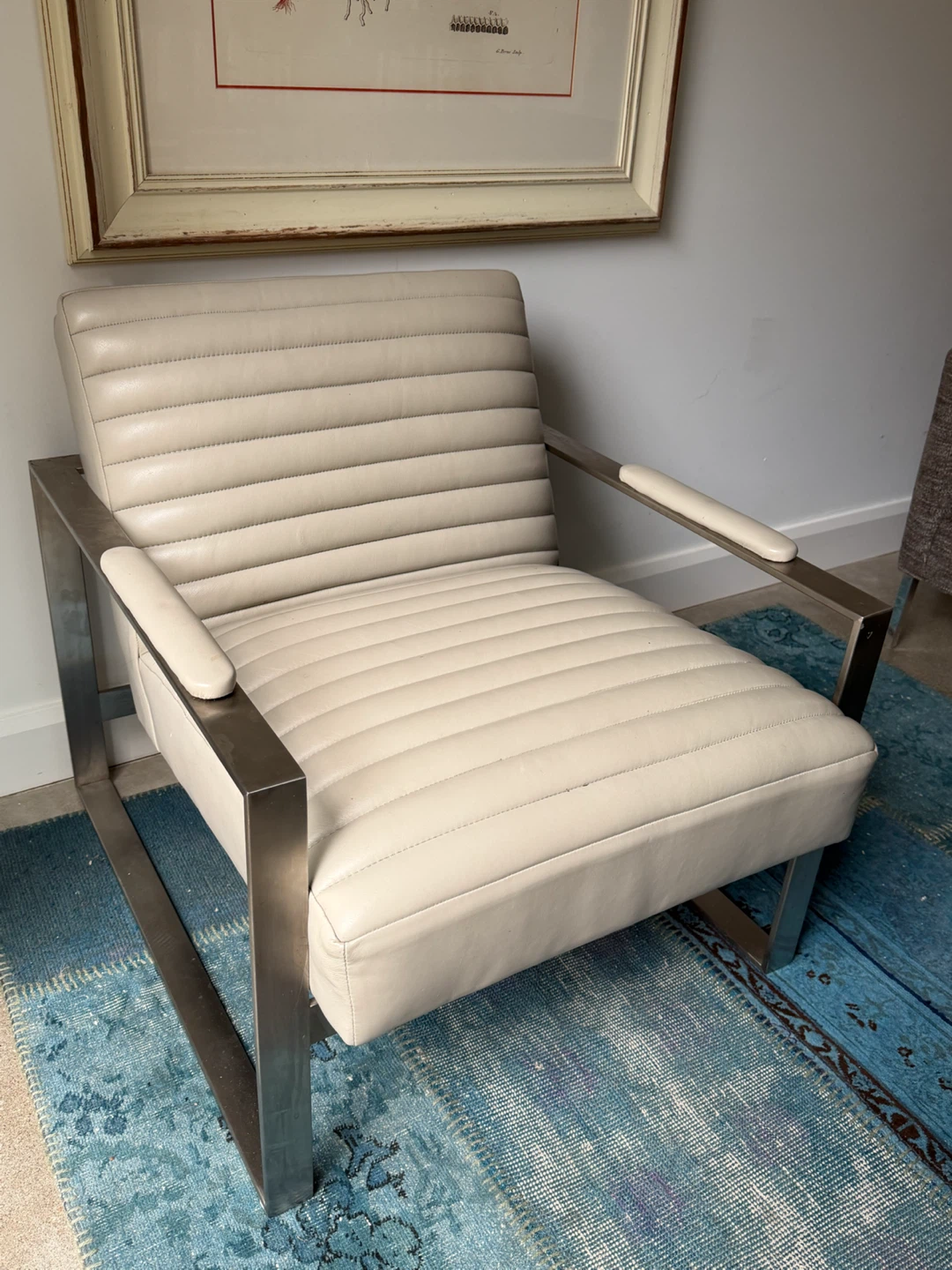 Cream Leather Armchair with Metal Frame