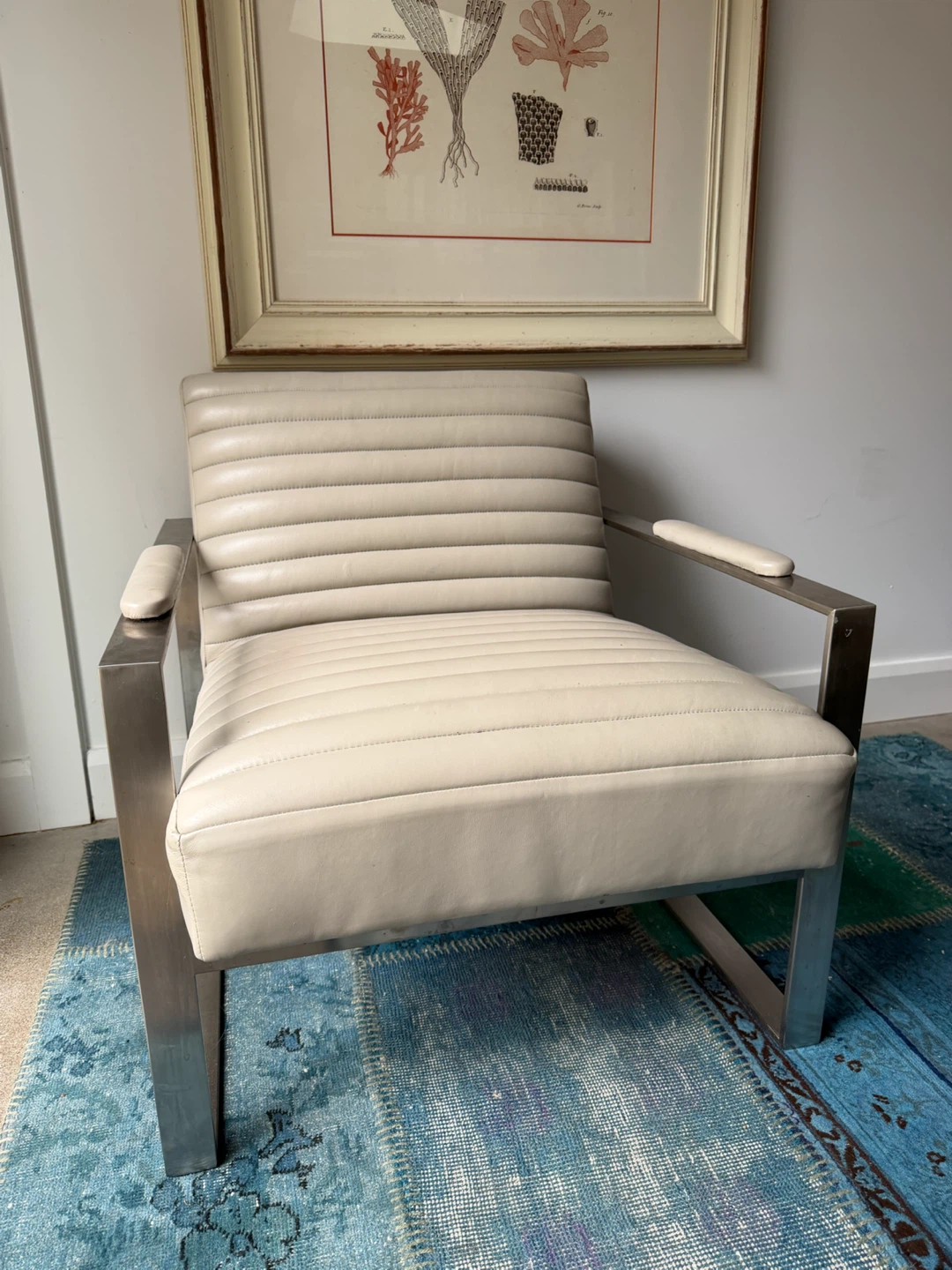 Cream Leather Armchair with Metal Frame - photo 2