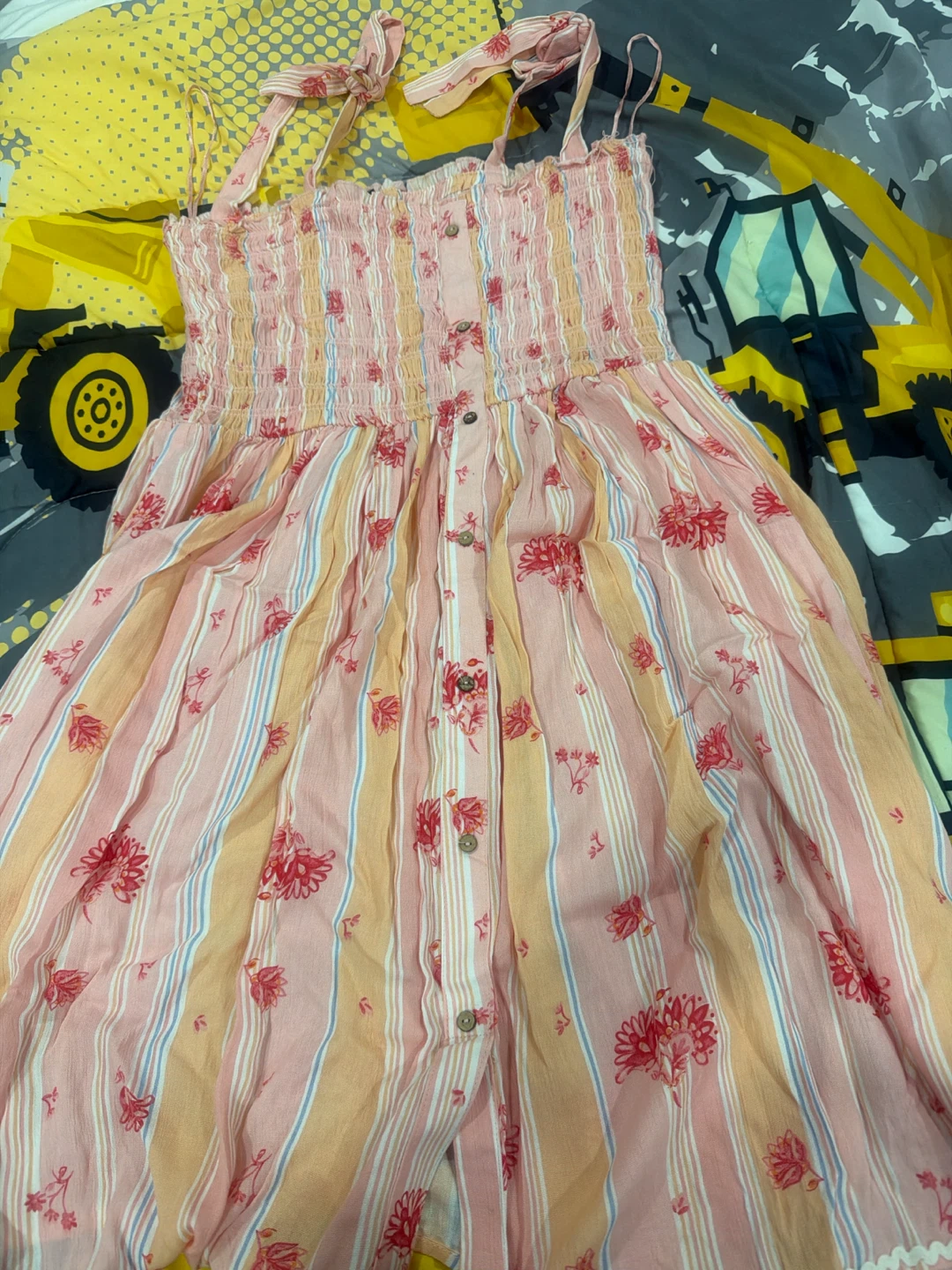Pink Floral Striped Smocked Dress