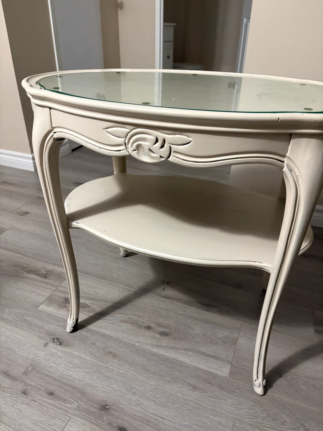 Cream Accent Table with Glass Top