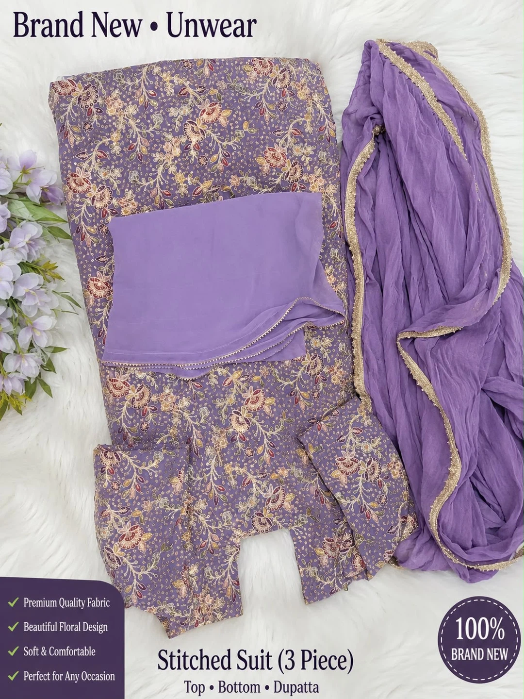 Brand New Stitched Suit (3 Piece) - Purple Floral