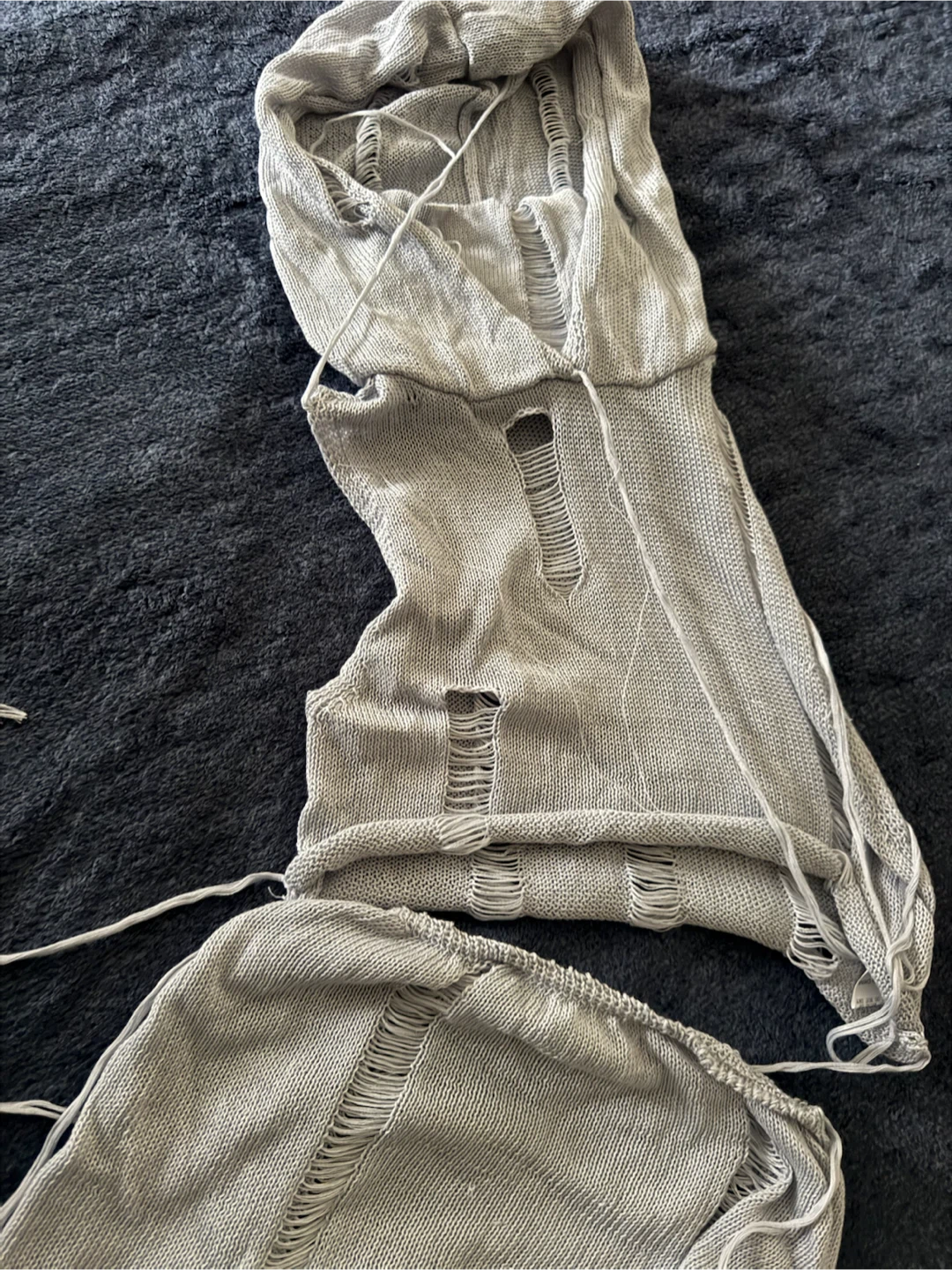 Grey Distressed Knit Hooded Sweater Skirt Set