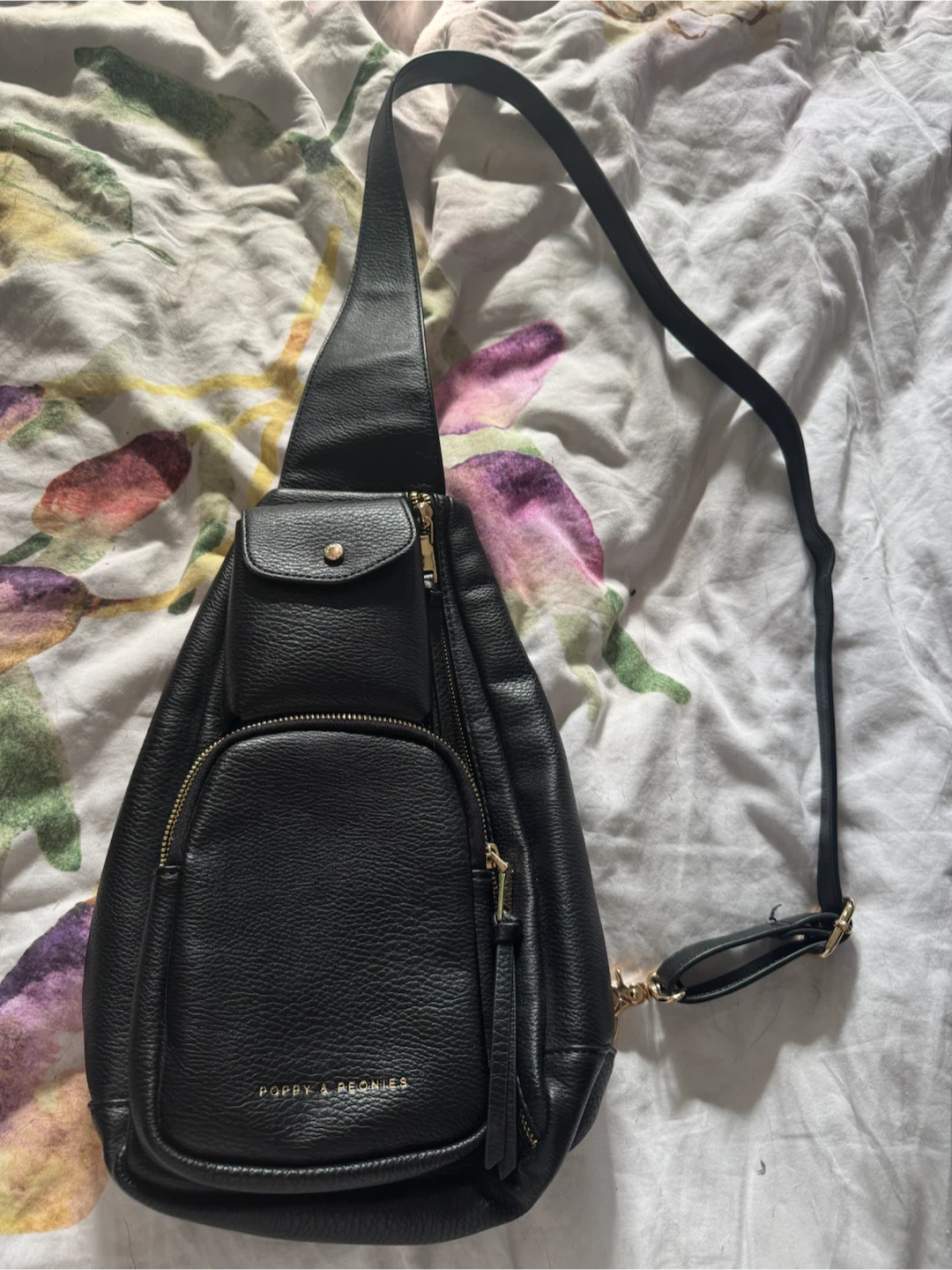 Poppy & Peonies Black Sling Bag
