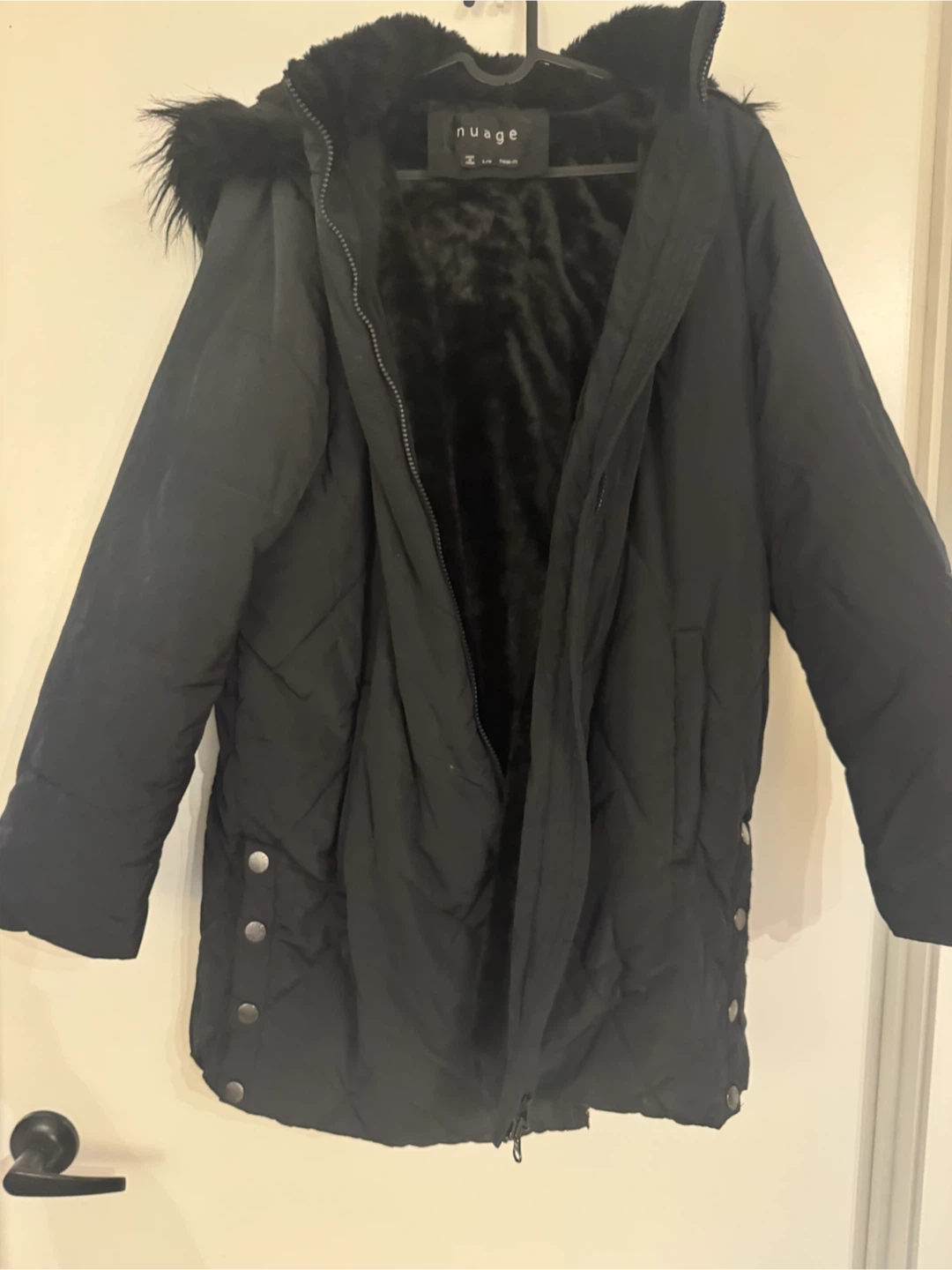 Nuage Black Quilted Puffer Winter Coat with Fur Hood