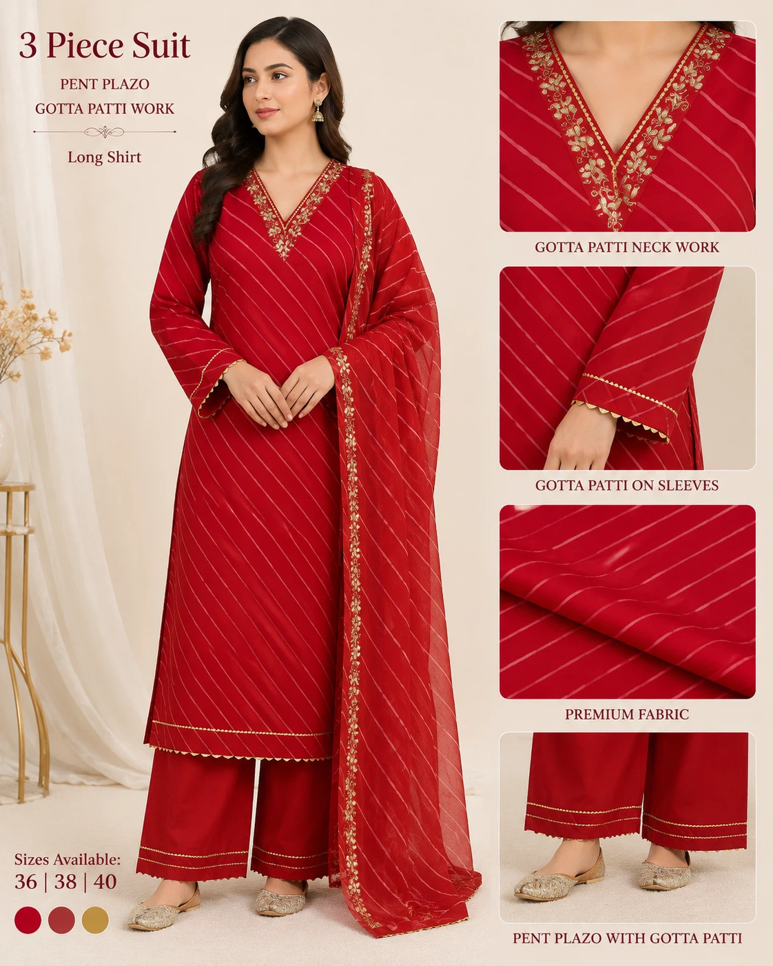 3 Piece Red Suit with Gotta Patti Work