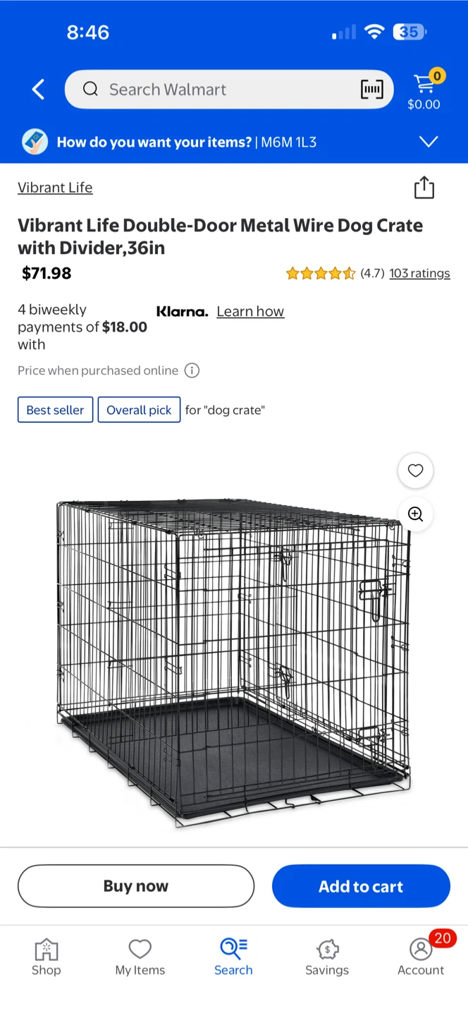 Vibrant Life Double-Door Metal Wire Dog Crate with Divider, 36in
