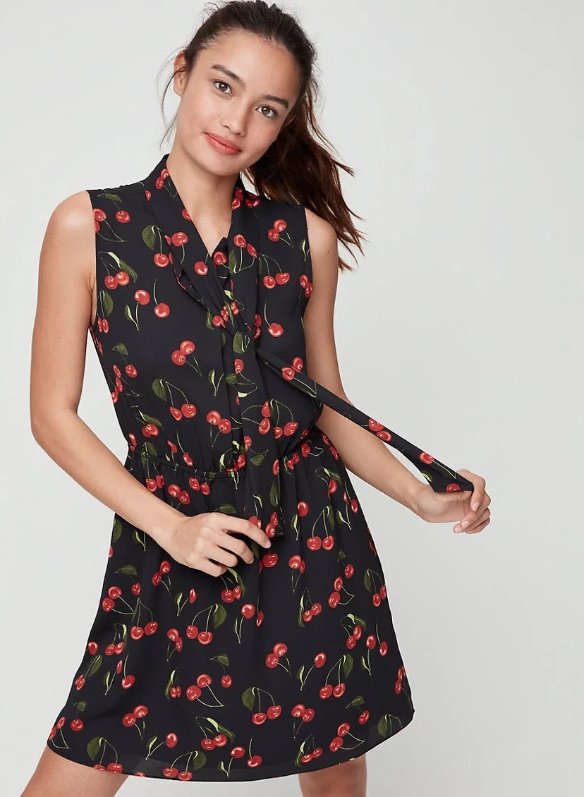 Aritzia Sunday Best Cherry Print Tie Neck Dress
