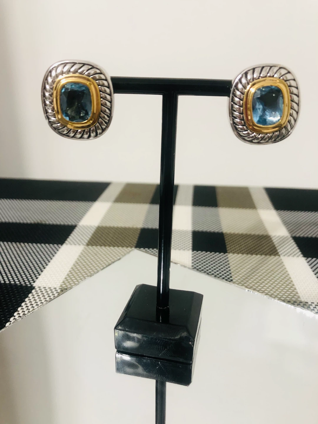 Silver and Gold Tone Earrings with Blue Stone